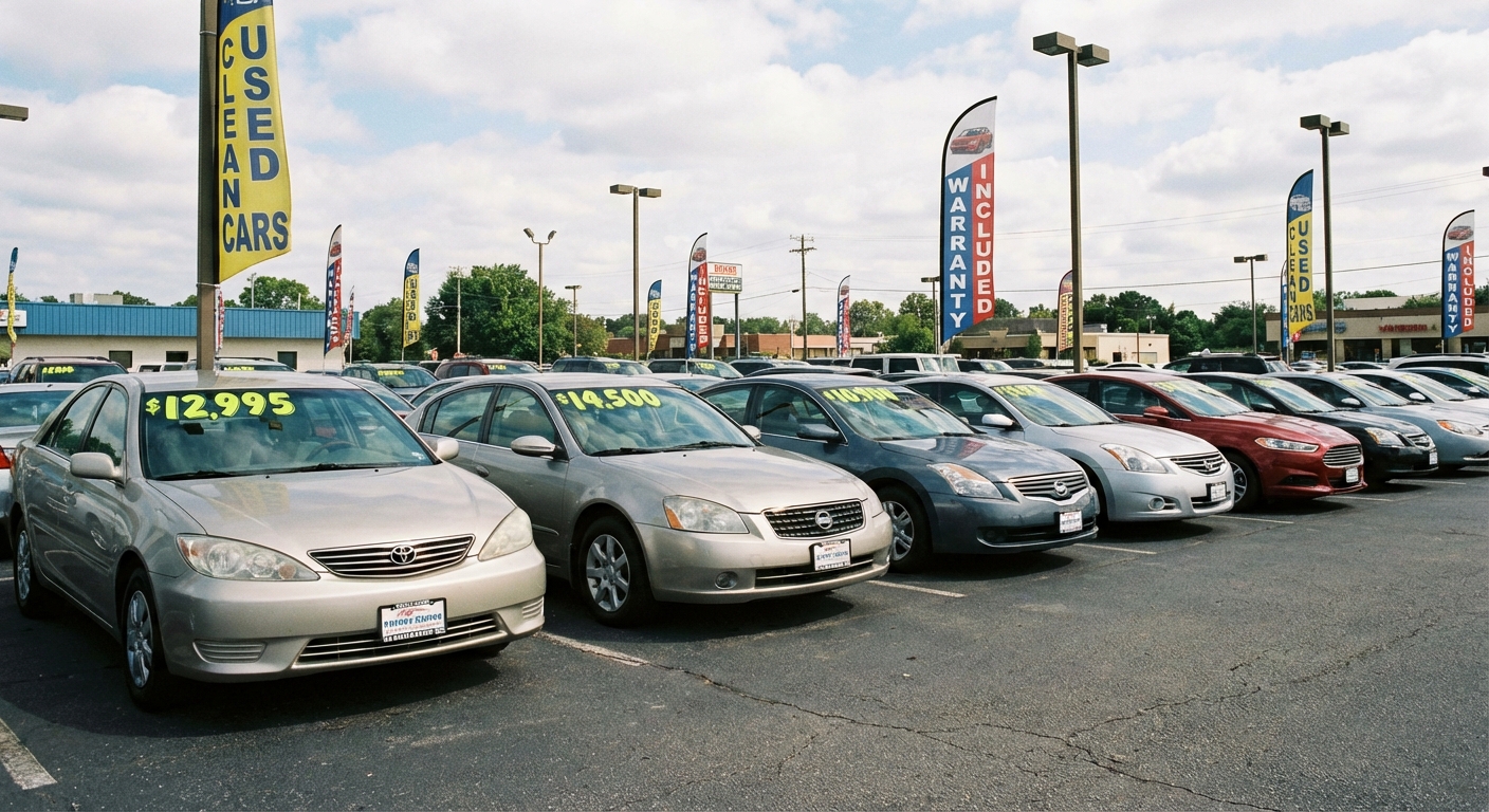 A row of clean used sedans parked diagonally on an outdoor car lot with price stickers on the windows, real-life photography style
