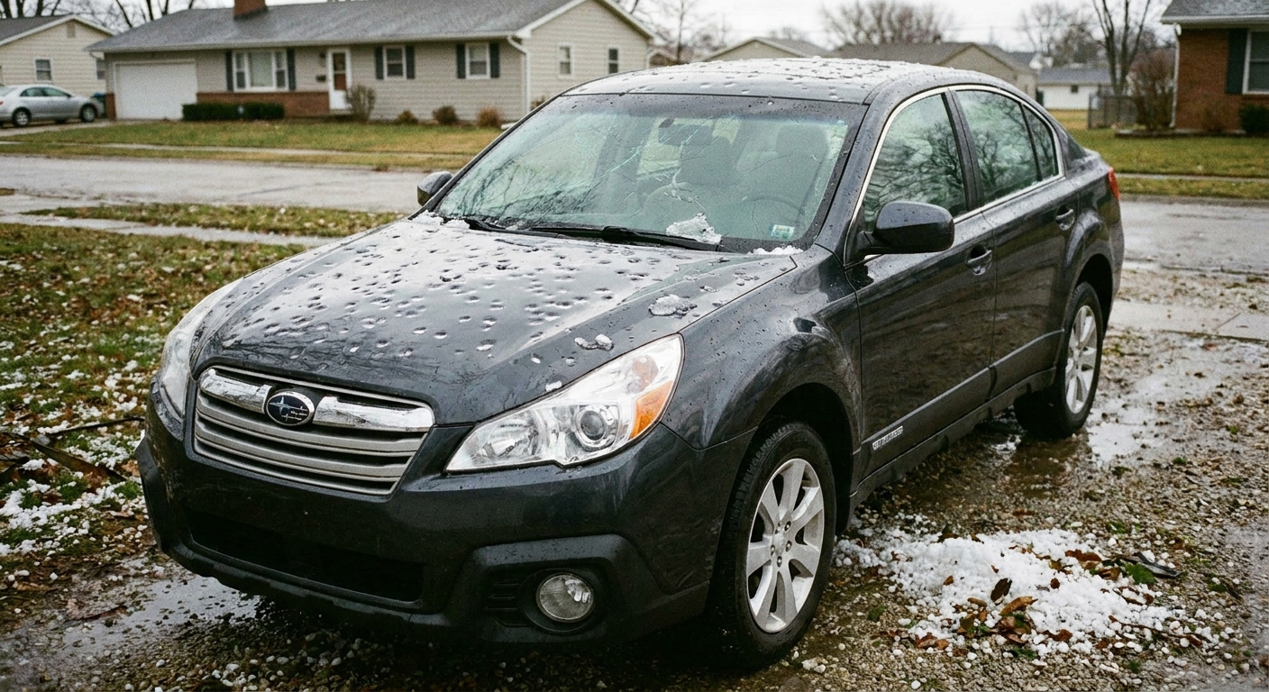 A sedan parked in a driveway after a hailstorm with visible dents on the hood and roof, realistic photograph