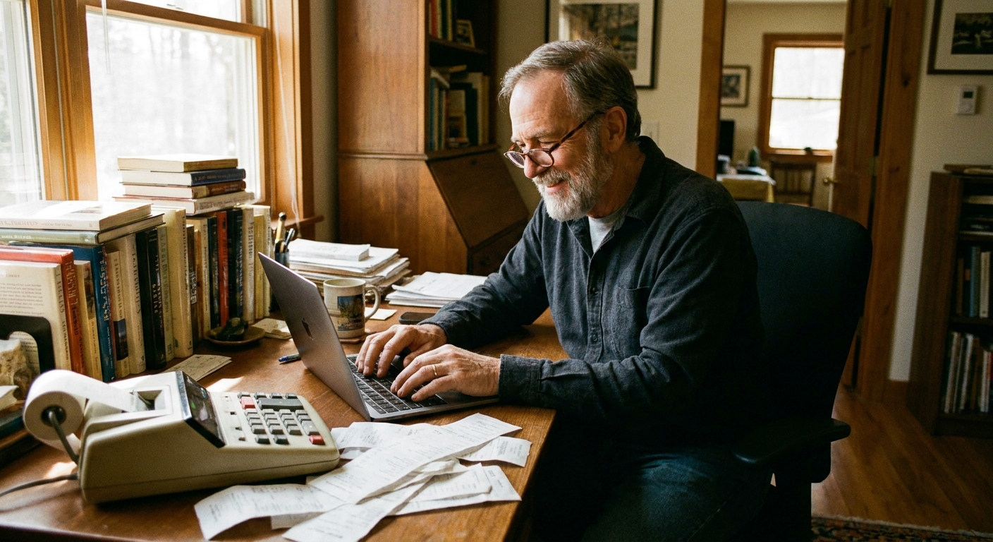 A self-employed older adult working on a laptop at a small home office desk with a few receipts and a calculator, realistic photography