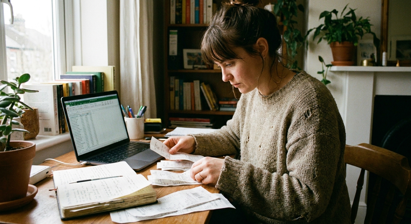 A self-employed person at a desk sorting paper receipts next to a laptop and a notebook, natural indoor light photo