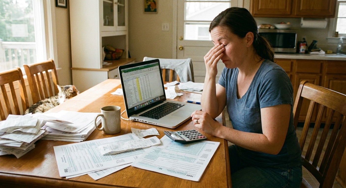 A self-employed person sitting at a kitchen table with a laptop, a calculator, and paper tax forms spread out, candid home photo