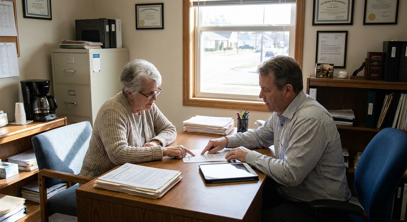 A senior adult seated across from an insurance agent in a small office reviewing plan documents, realistic photo