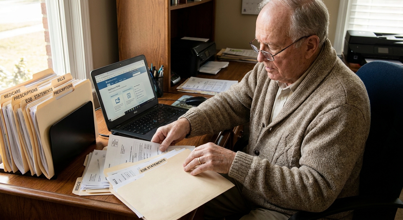 A senior adult sitting at a desk organizing health insurance documents into labeled folders with a laptop nearby, realistic photography style