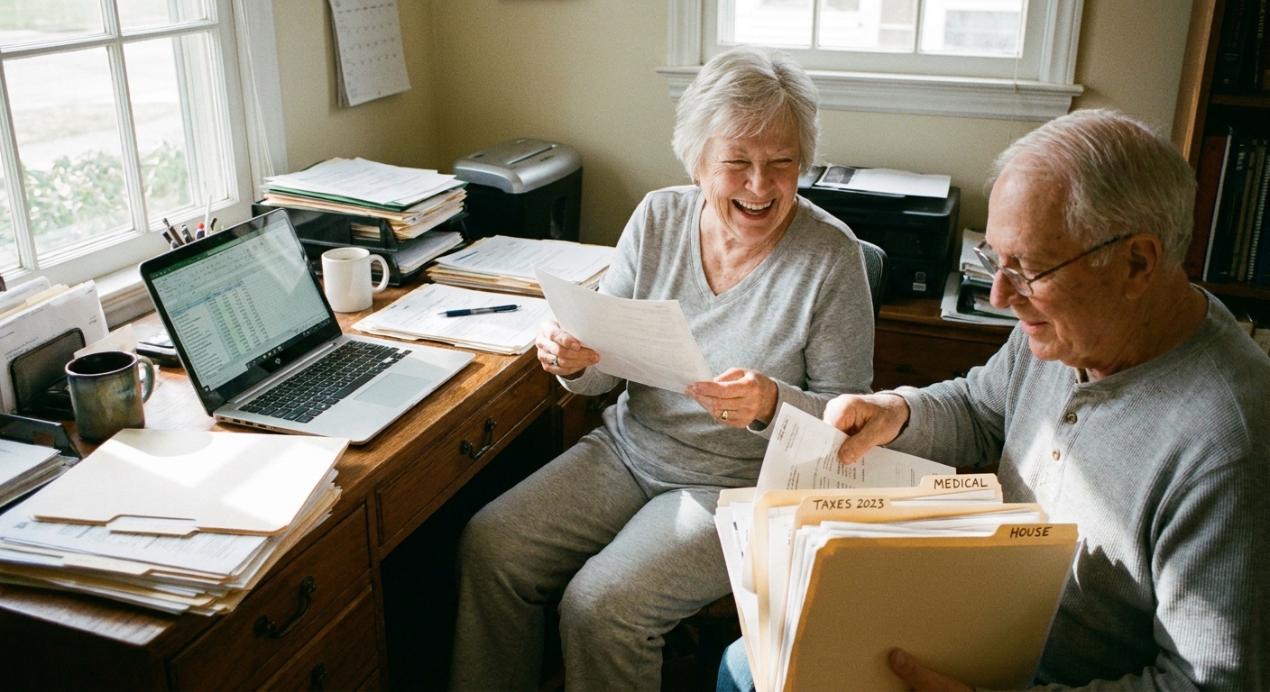 A senior couple in a home office sorting paperwork into labeled folders with a laptop open on a desk, realistic photo