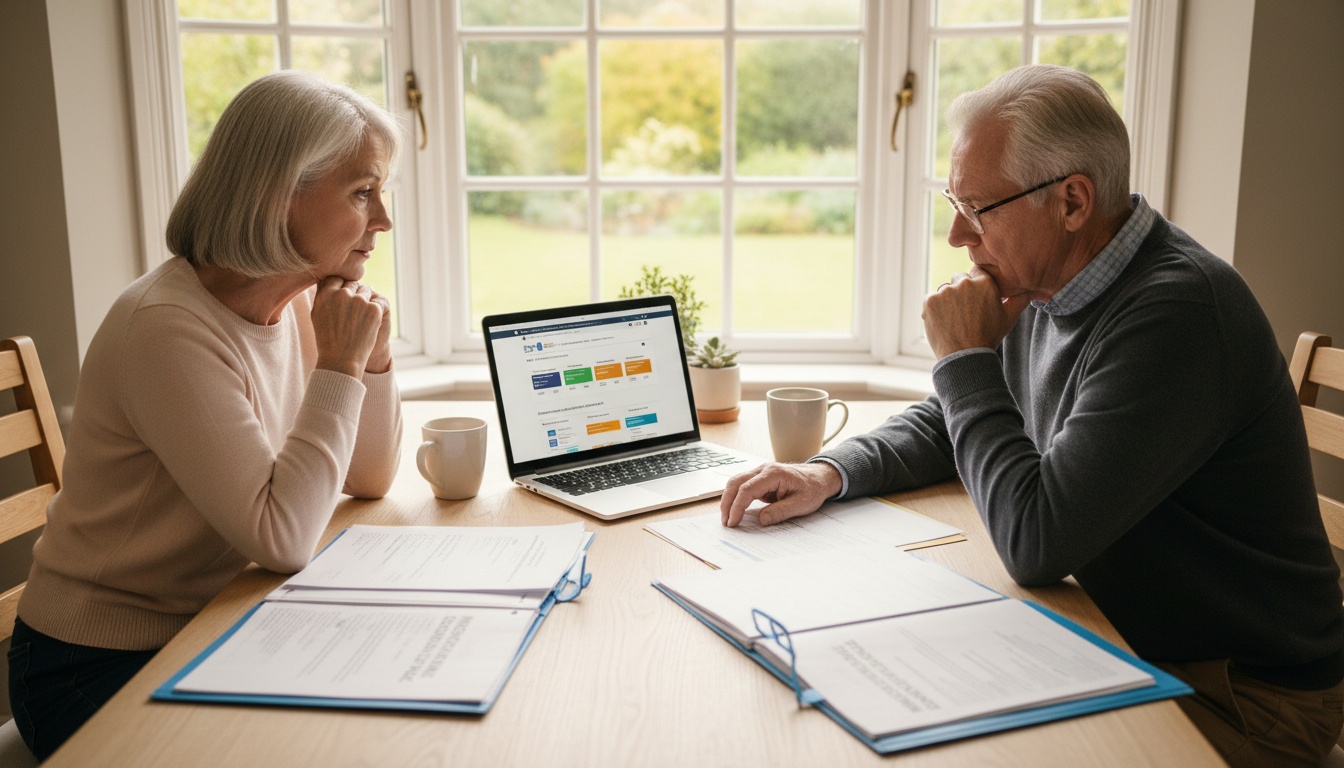 A senior couple sitting at a kitchen table at home, reviewing Medicare plan paperwork and a laptop screen, realistic candid photo