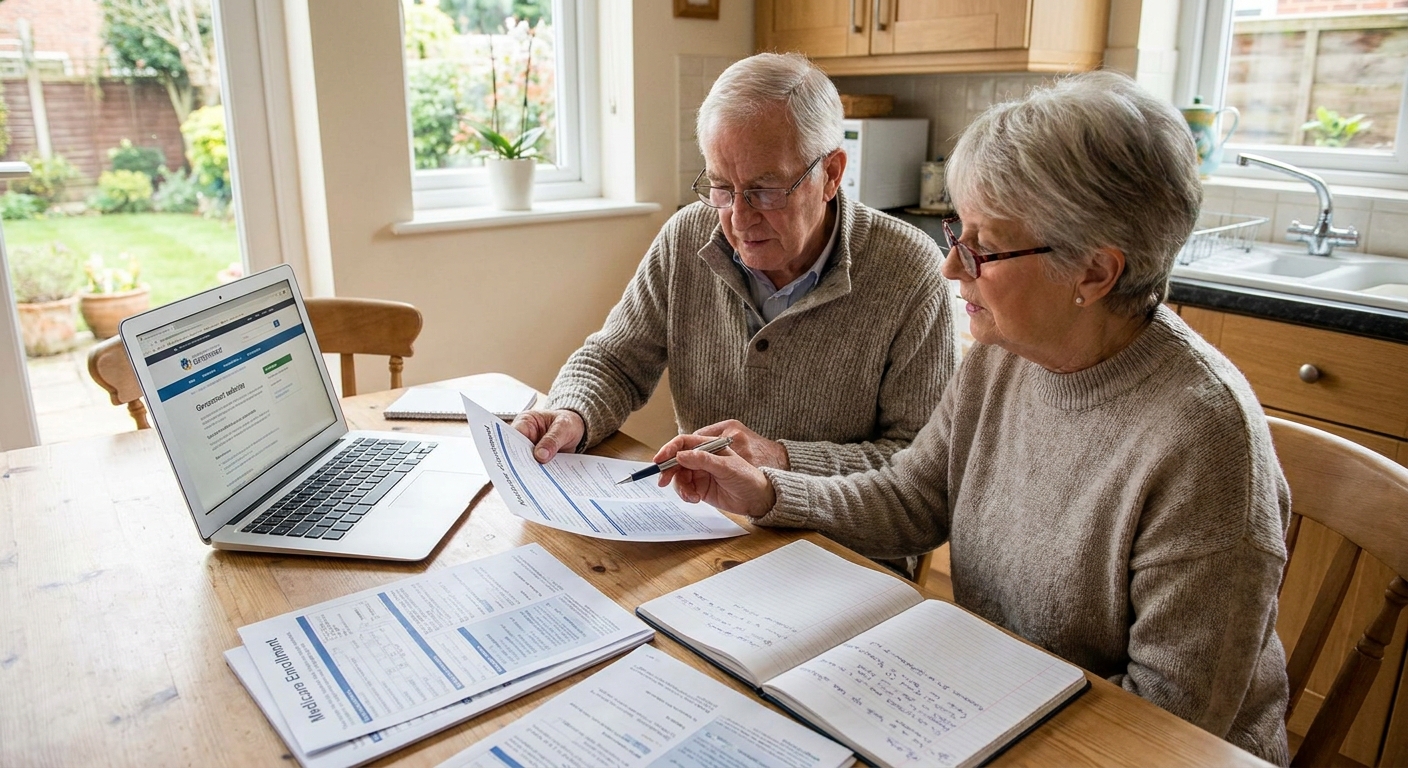 A senior couple sitting at a kitchen table reviewing Medicare paperwork with a laptop and a pen, candid real-life photography