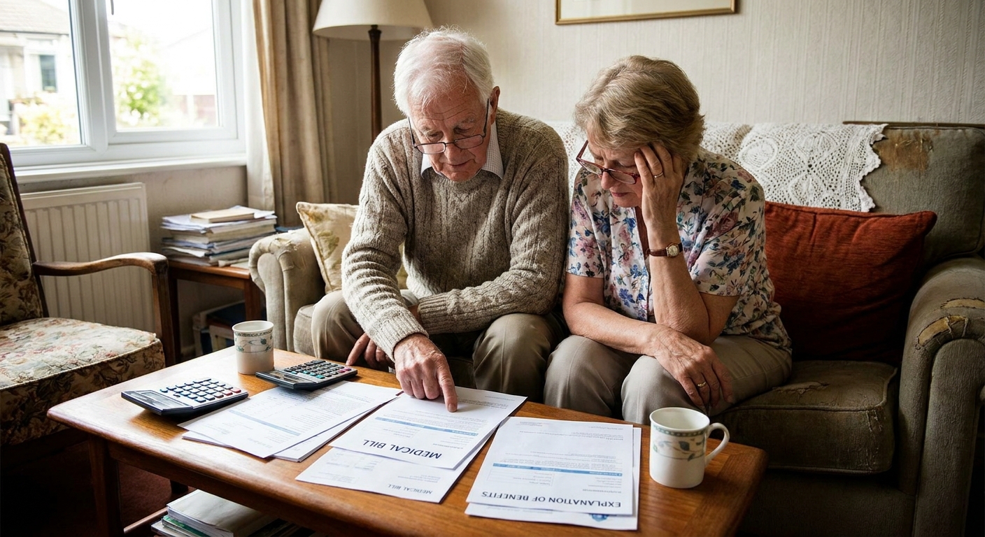 A senior couple sitting together in a living room reviewing medical bills and an explanation of benefits statement on a coffee table, realistic photo
