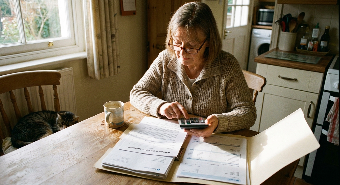 A senior homeowner sitting at a kitchen table reviewing mortgage paperwork with a calculator and a cup of coffee in natural morning light, realistic photo