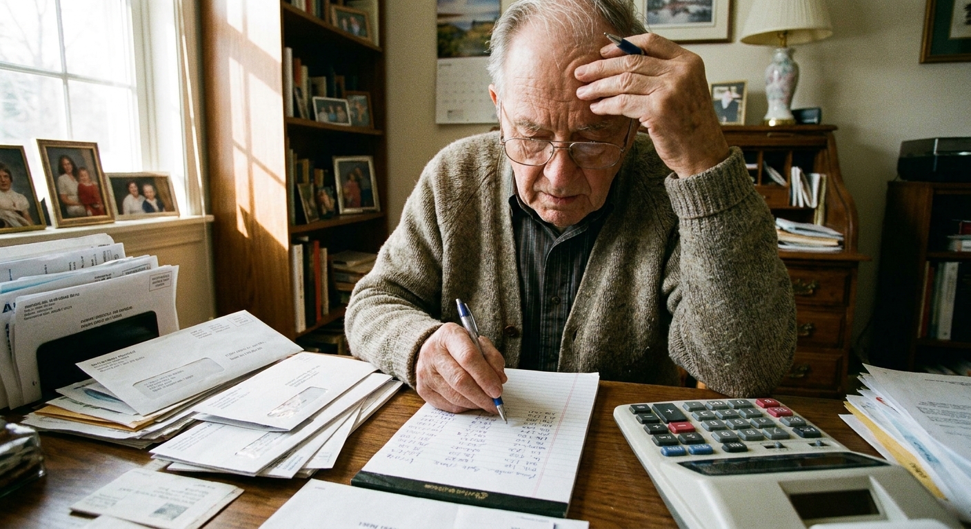 A senior person sitting at a desk at home reviewing health insurance bills and a notepad with a calculator nearby, documentary photo