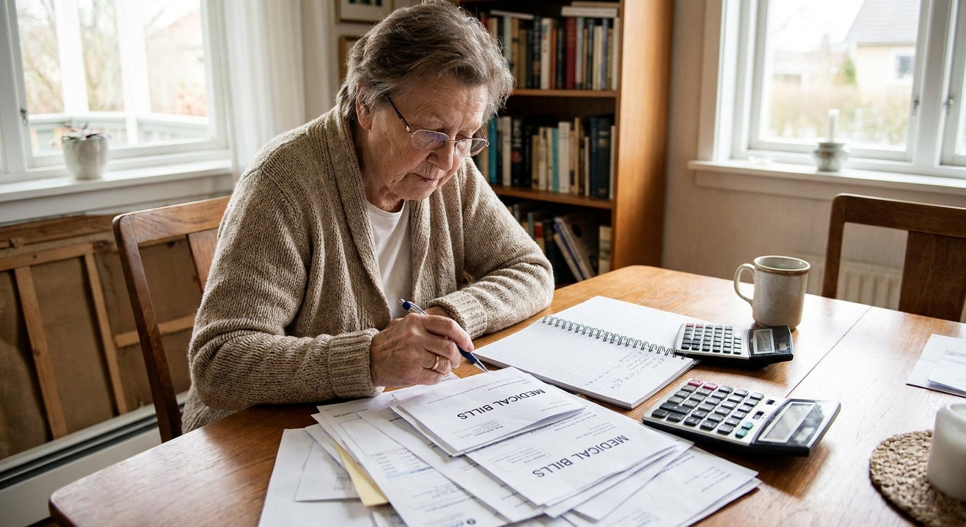 A senior woman at a dining table reviewing medical bills and a notebook with a calculator nearby, realistic indoor photo