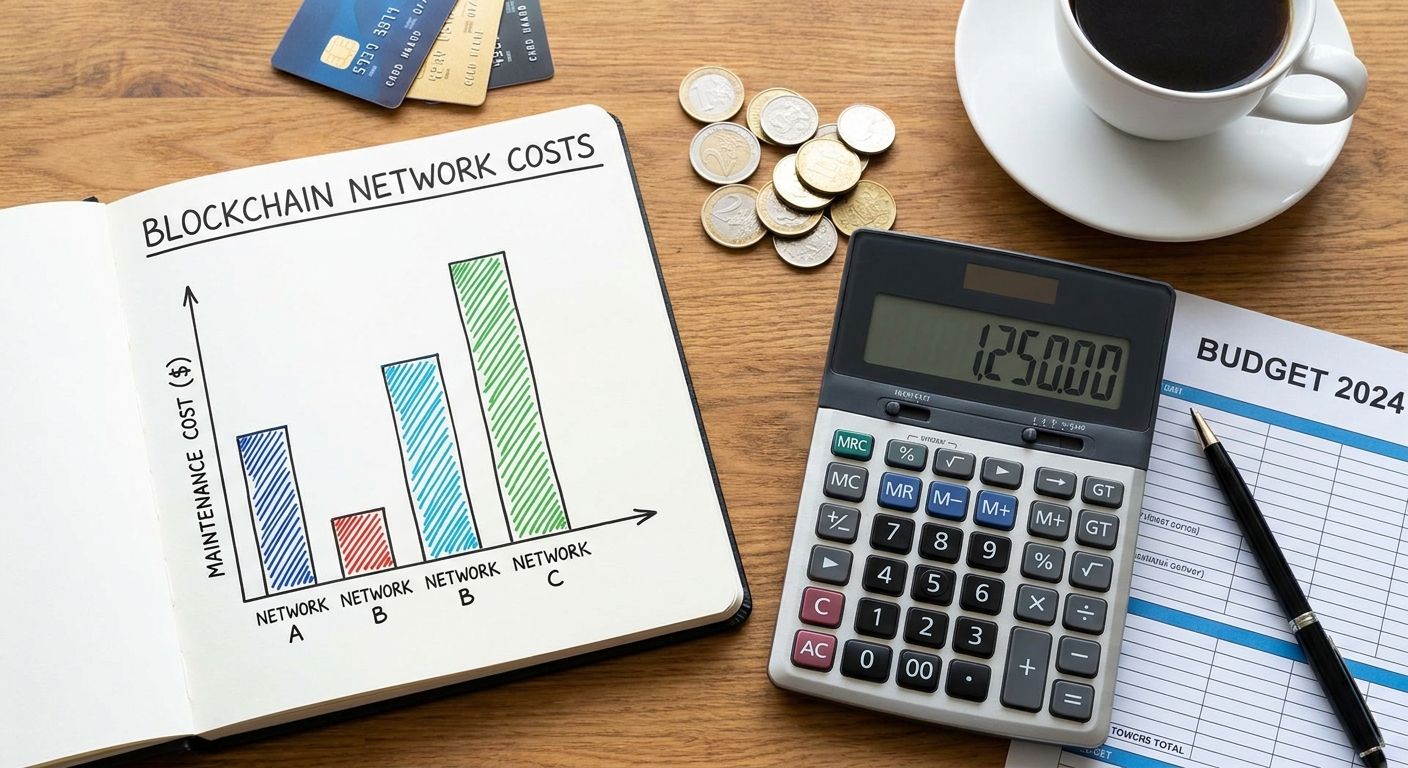 A simple chart and calculator on a desk, illustrating a comparison of blockchain networks and the costs of maintaining them