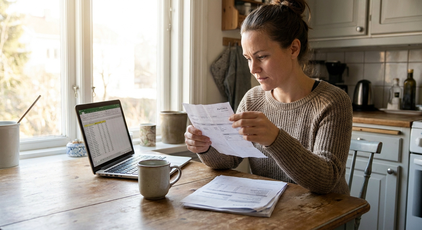 A single employee sitting at a kitchen table reviewing a printed paycheck stub next to a laptop, natural window light, realistic photo