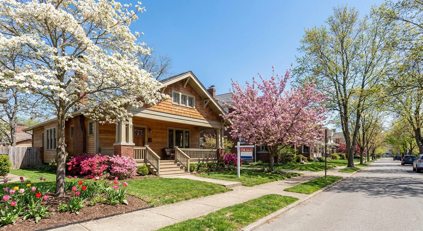 A single-family home on a quiet residential street in Columbus, Ohio with spring greenery and a clear sky, real estate photo style