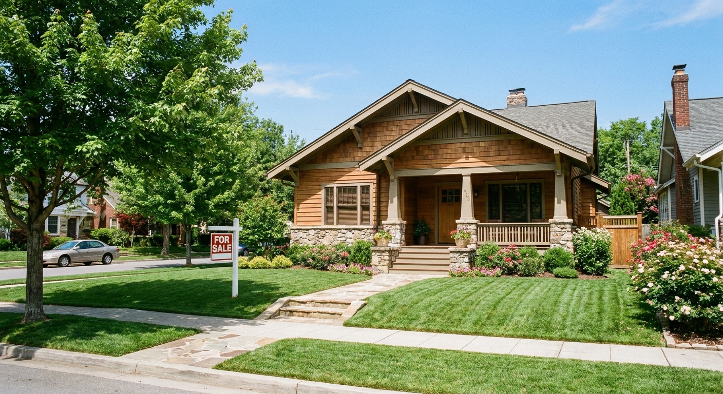 A single-family home photographed from the street on a clear day with a well-kept front yard, realistic real estate photography