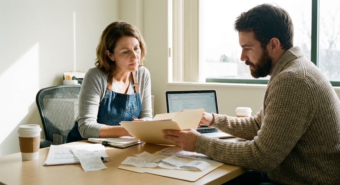 A small business owner sitting across from a tax professional in an office, reviewing a folder of documents and a laptop, natural light photography style