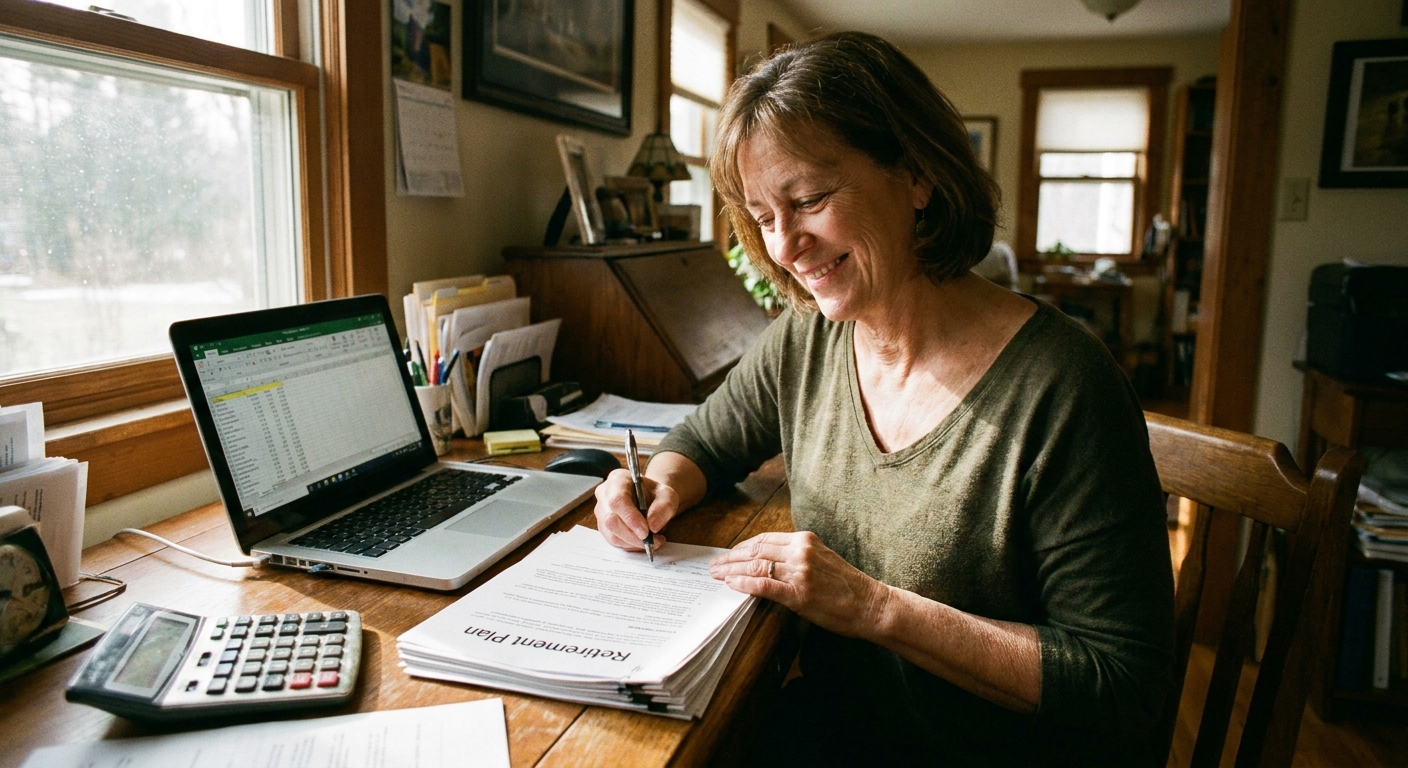A small business owner sitting at a desk signing retirement plan paperwork with a laptop and a calculator nearby, natural indoor light, candid photo