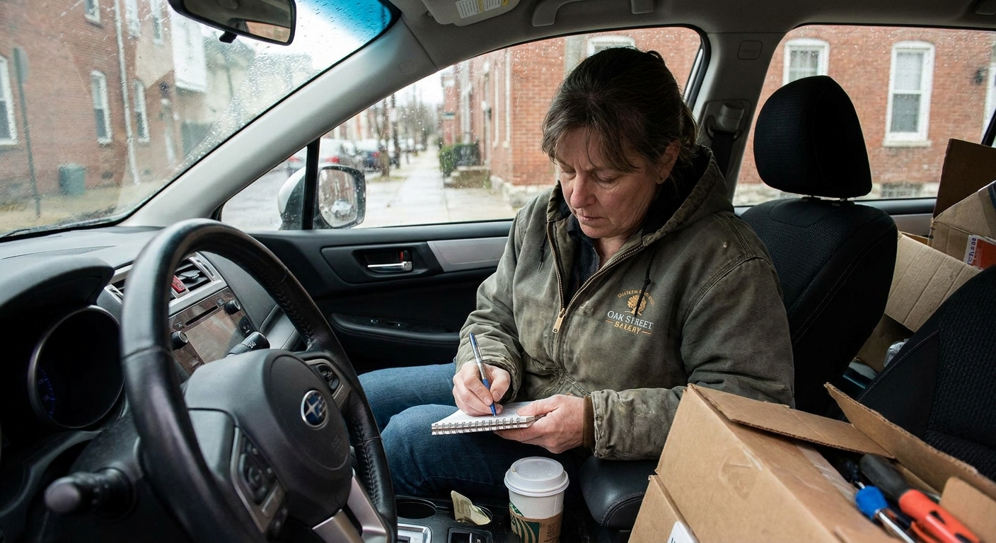 A small business owner sitting in a parked car writing trip details in a small notebook, realistic candid photo