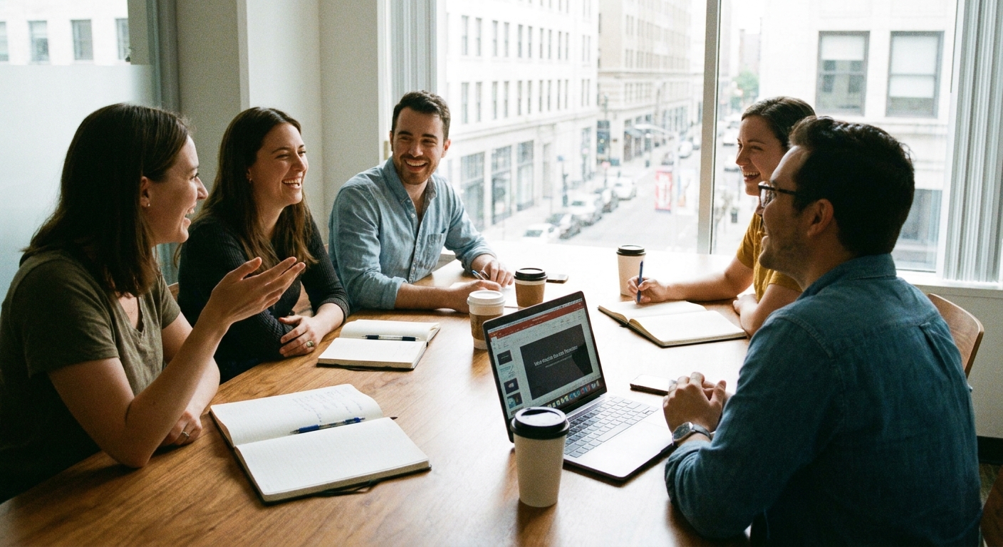 A small business team seated around a conference table during a meeting, with notebooks and a laptop open, natural window light, candid workplace photo