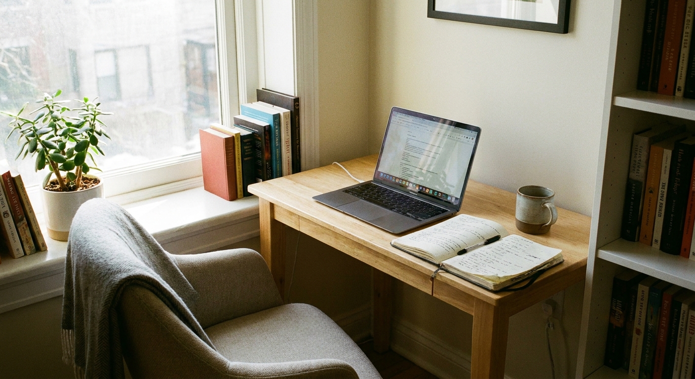 A small home office corner with a simple desk, a laptop, and a notebook, photographed in natural window light