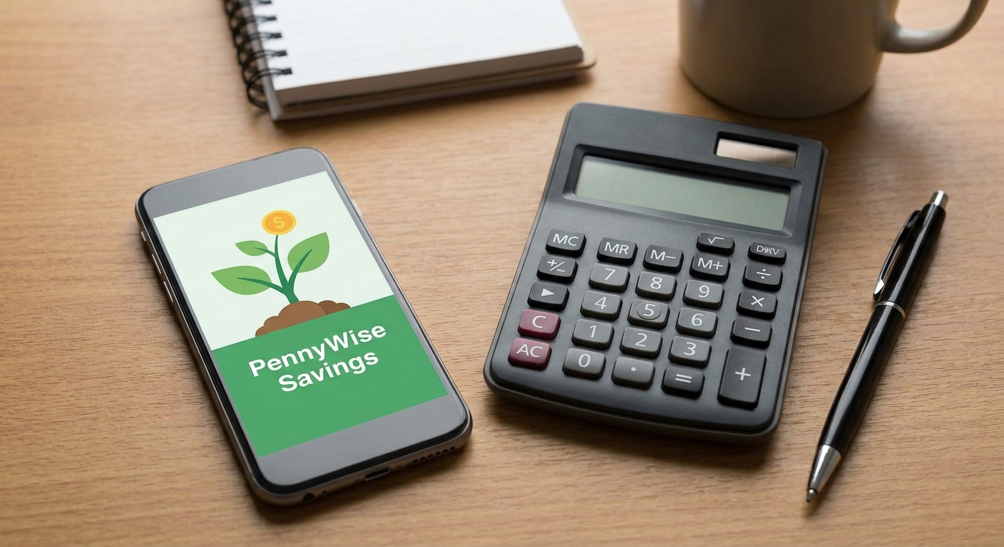 A smartphone open to a savings app next to a calculator and a pen on a wooden desk, everyday money planning scene