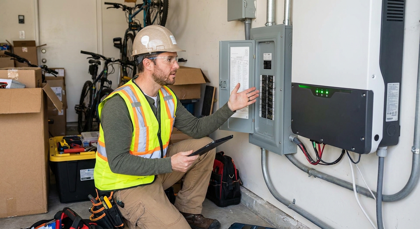 A solar installer wearing safety gear inspecting a home electrical panel and solar inverter in a garage during a final system check, realistic photo