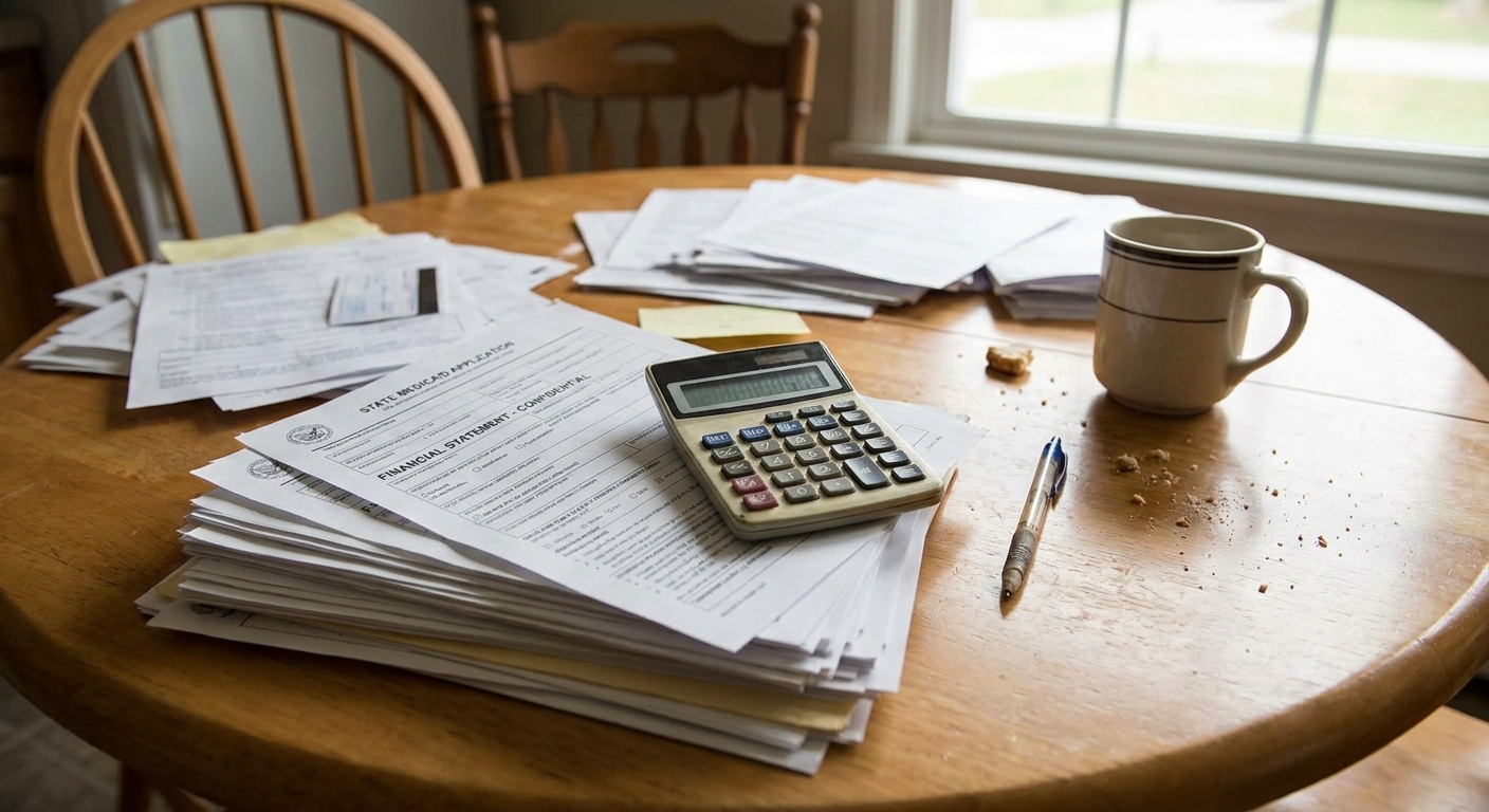 A stack of Medicaid application forms and financial statements on a kitchen table next to a calculator and a pen
