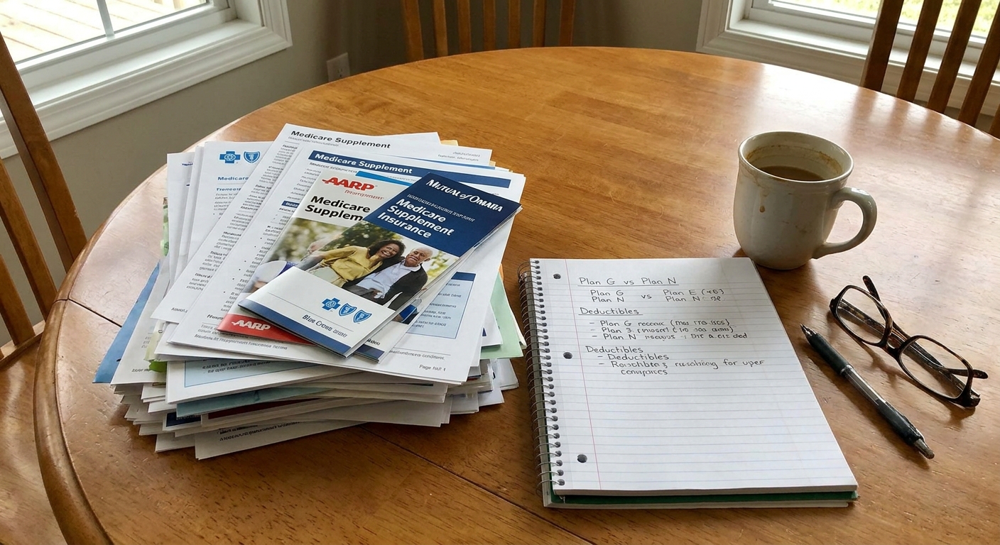 A stack of Medicare Supplement paperwork on a kitchen table next to a notebook and a cup of coffee, as if someone is comparing plan options