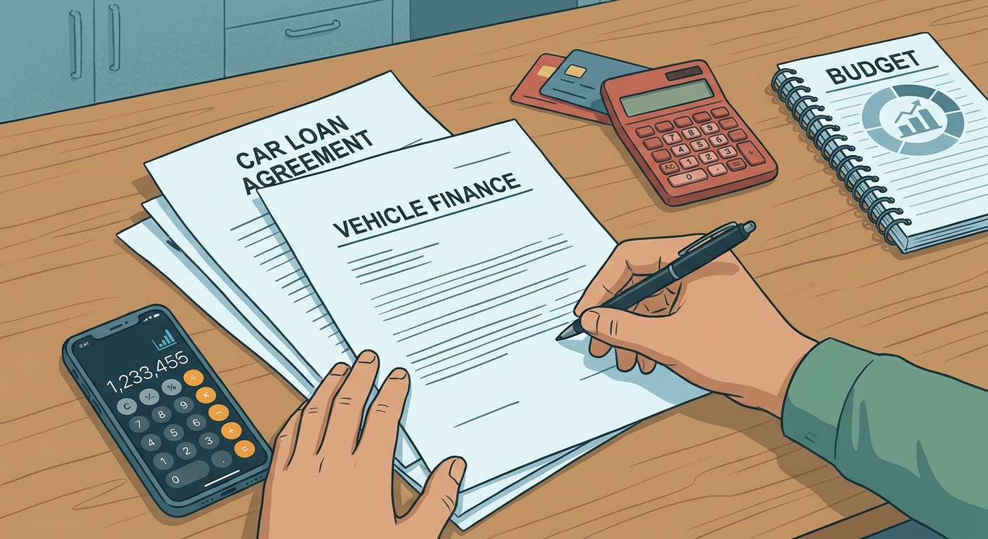 A stack of car loan paperwork on a kitchen table next to a pen and a smartphone, with a person’s hands reviewing the documents