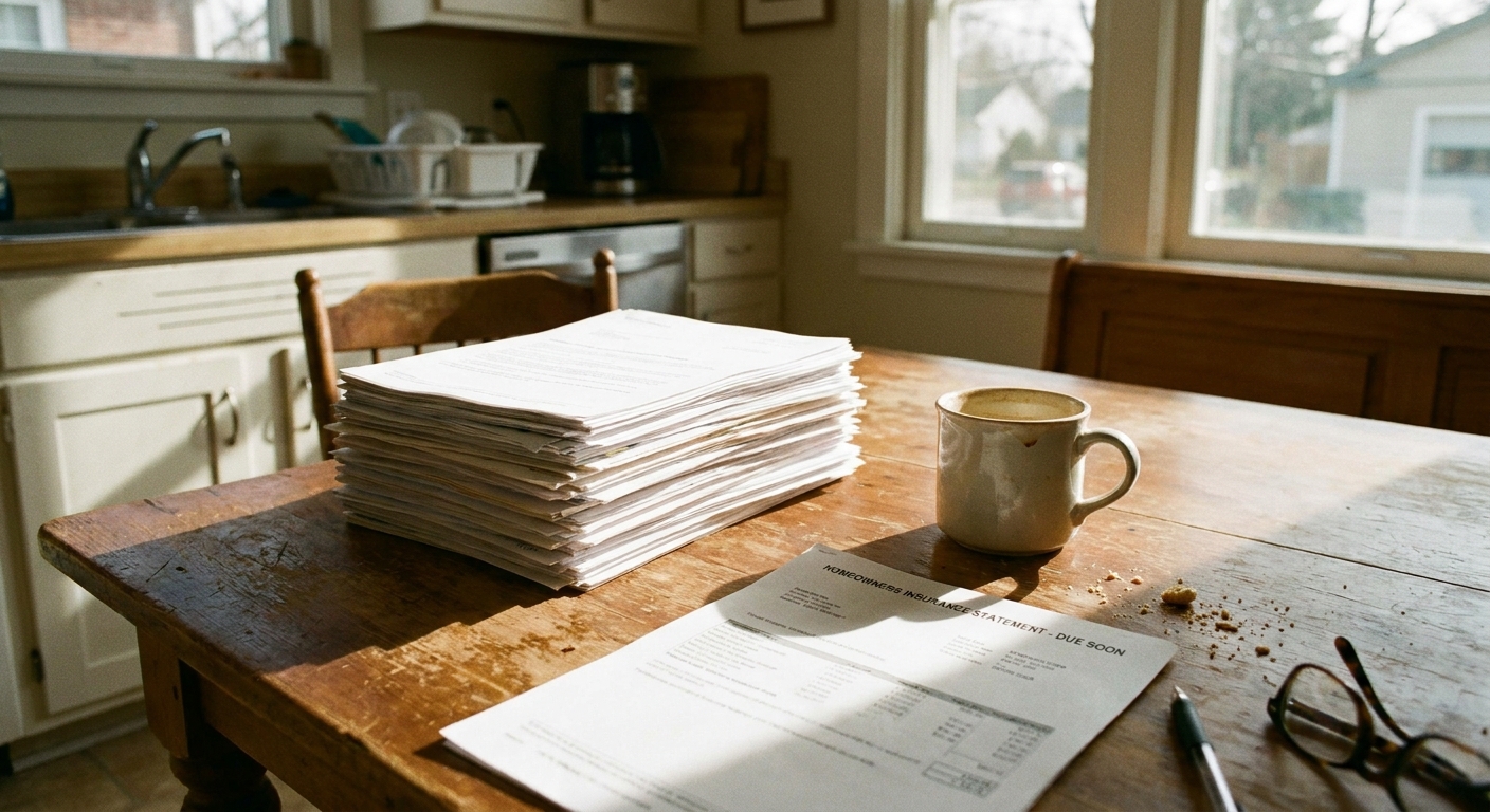 A stack of mortgage paperwork and a homeowners insurance bill on a kitchen table next to a coffee mug in natural morning light