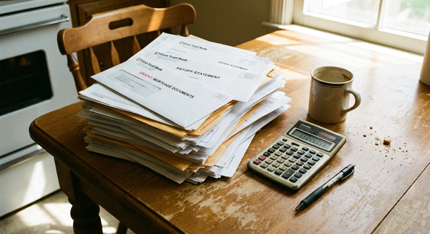 A stack of mortgage paperwork and envelopes on a kitchen table next to a calculator and a pen