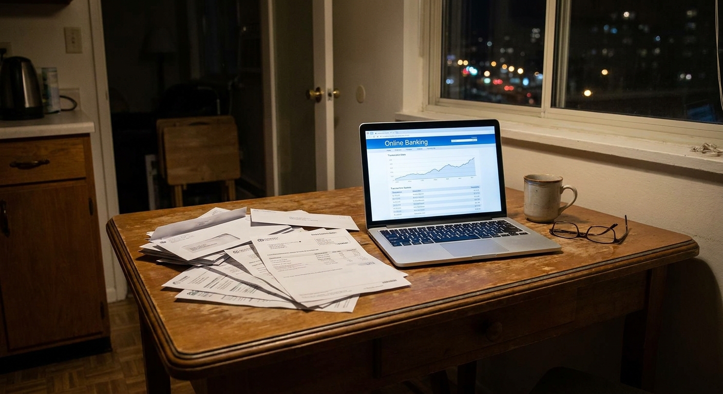 A stack of paper utility bills and a laptop open to an online banking page on a dining table in a small apartment at night