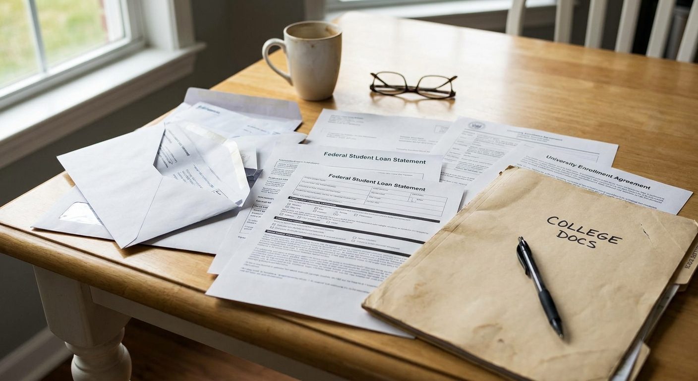 A stack of student loan statements and enrollment paperwork spread on a kitchen table next to a pen and a folder, realistic photo