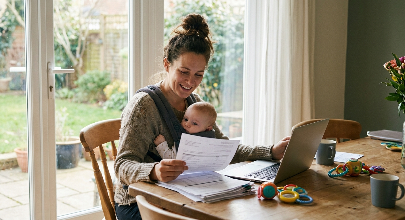A stay-at-home parent holding a baby while reviewing retirement account paperwork at a dining table in a bright home, real-life photography style