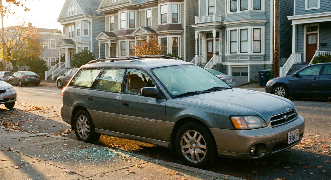 A street-parked car in a residential neighborhood with a shattered side window in early morning light, realistic photo