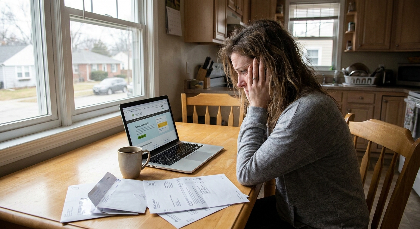 A stressed borrower sitting at a kitchen table reviewing student loan bills and a laptop, natural indoor light, realistic photo