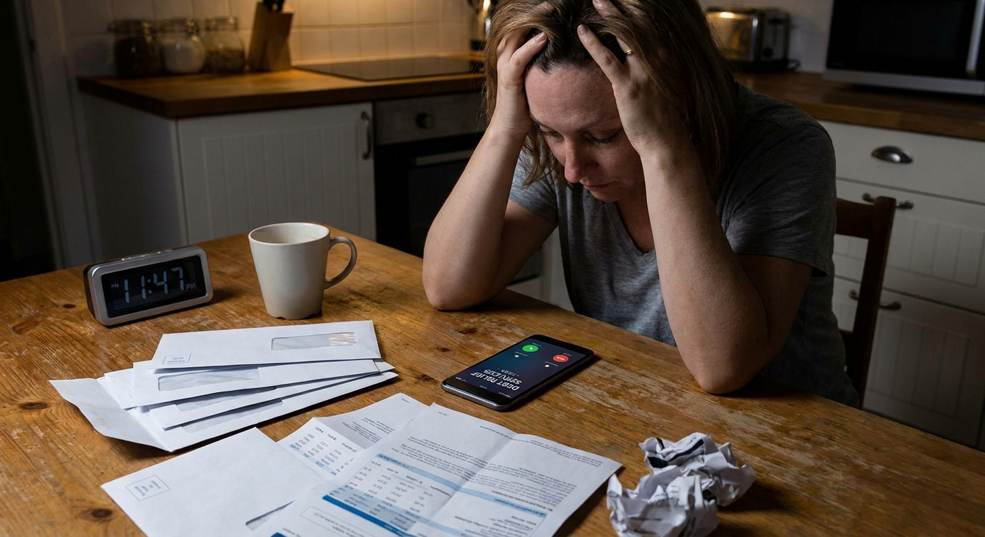 A stressed person sitting at a kitchen table at night, holding a smartphone with a debt relief call on speaker, with credit card bills spread out nearby, realistic photo