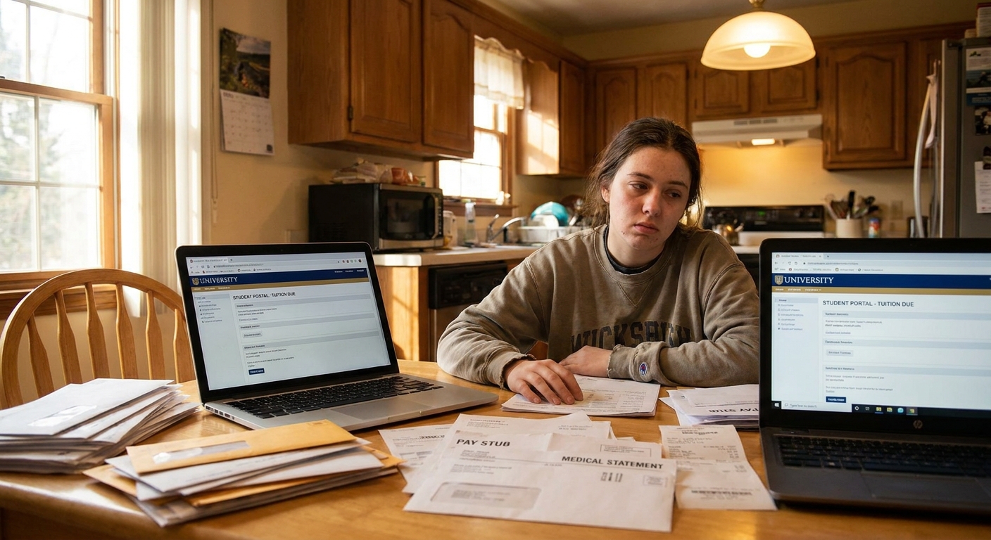 A student at a kitchen table sorting pay stubs, medical statements, and a laptop with a school portal open, realistic home lighting