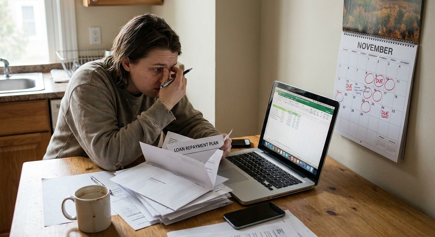 A student loan borrower sitting at a kitchen table with a laptop open, reviewing financial documents and a calendar, candid real-life photo