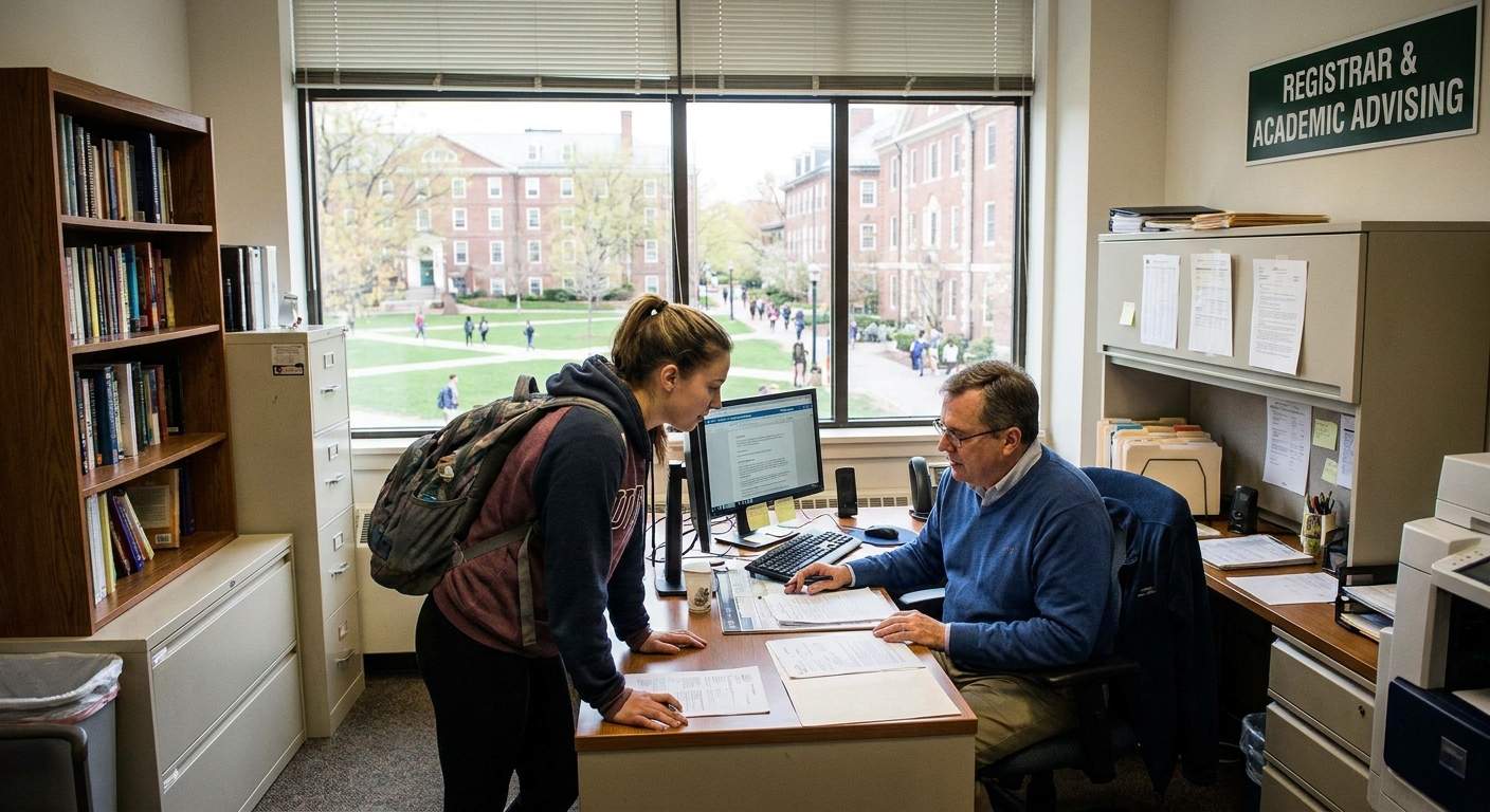 A student speaking with a university staff member in a registrar or advising office, campus setting, realistic photo