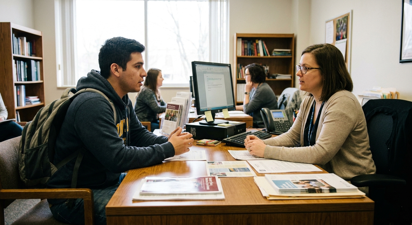 A student talking with a financial aid counselor across a desk in a university office, natural light, documentary photo style