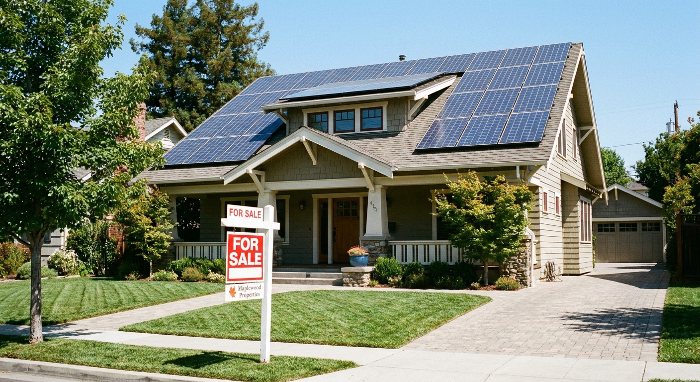 A suburban house with rooftop solar panels and a real estate for-sale sign in the front yard on a clear day, real photo