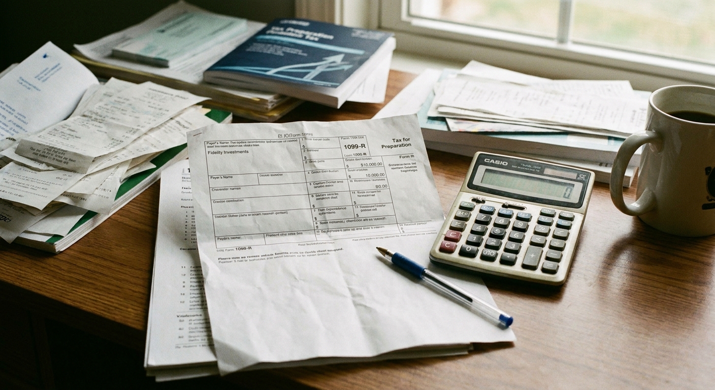 A tax preparation desk with a Form 1099-R printed on paper next to a calculator and a pen, realistic photo