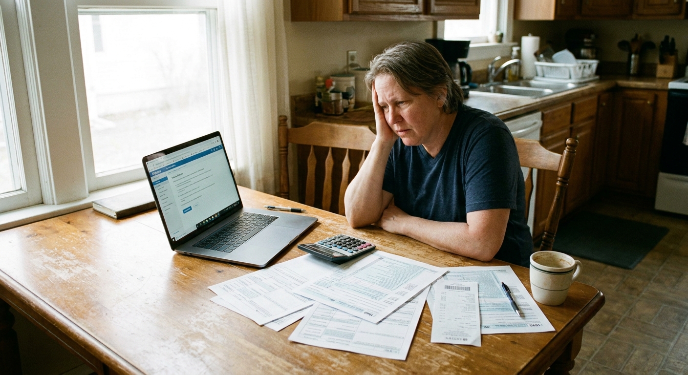 A taxpayer sitting at a kitchen table with a laptop, a calculator, and printed IRS tax forms spread out on the desk in natural window light