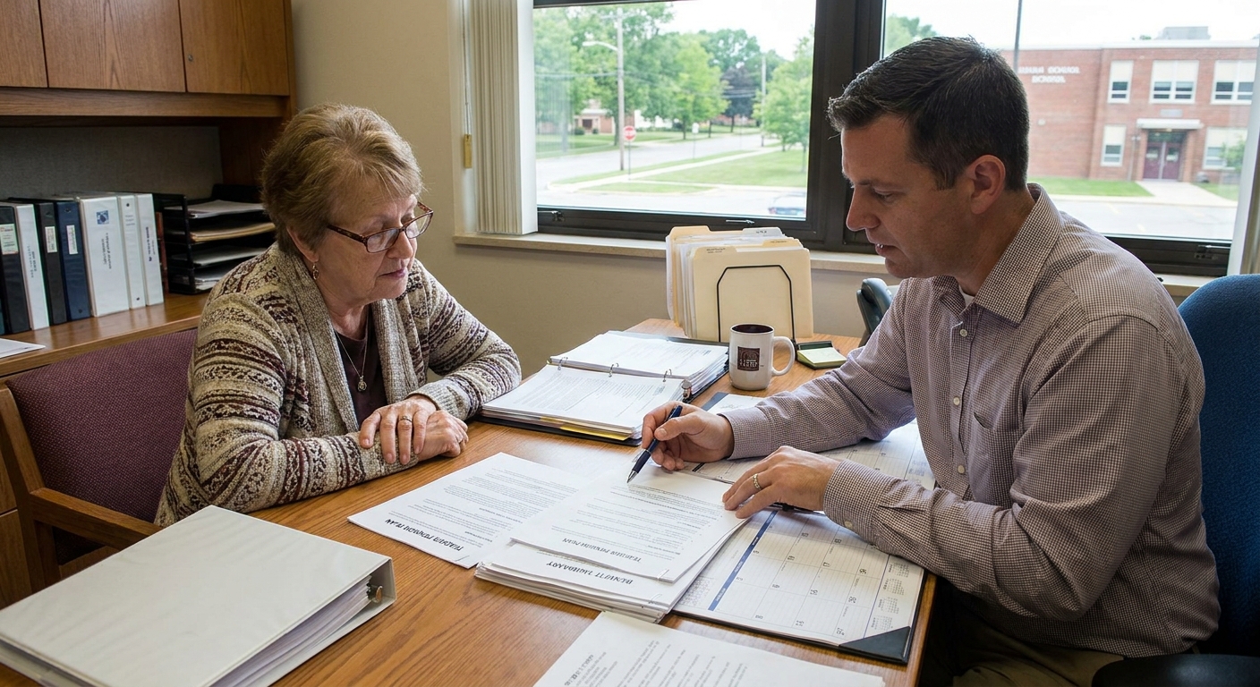 A teacher meeting with a retirement counselor in an office, reviewing benefit documents across a desk, realistic photo