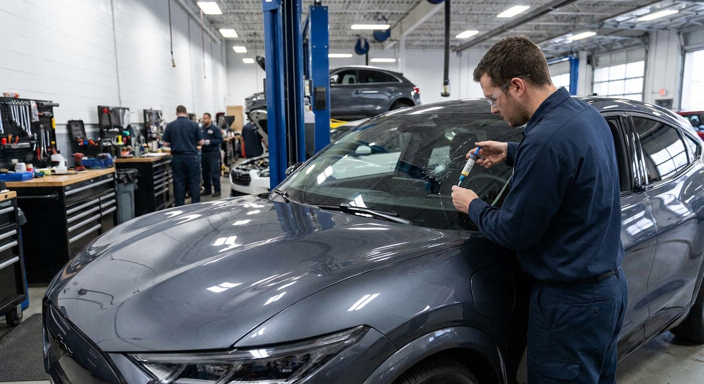 A technician using a repair tool on a cracked windshield of a modern SUV inside a service bay, realistic photo