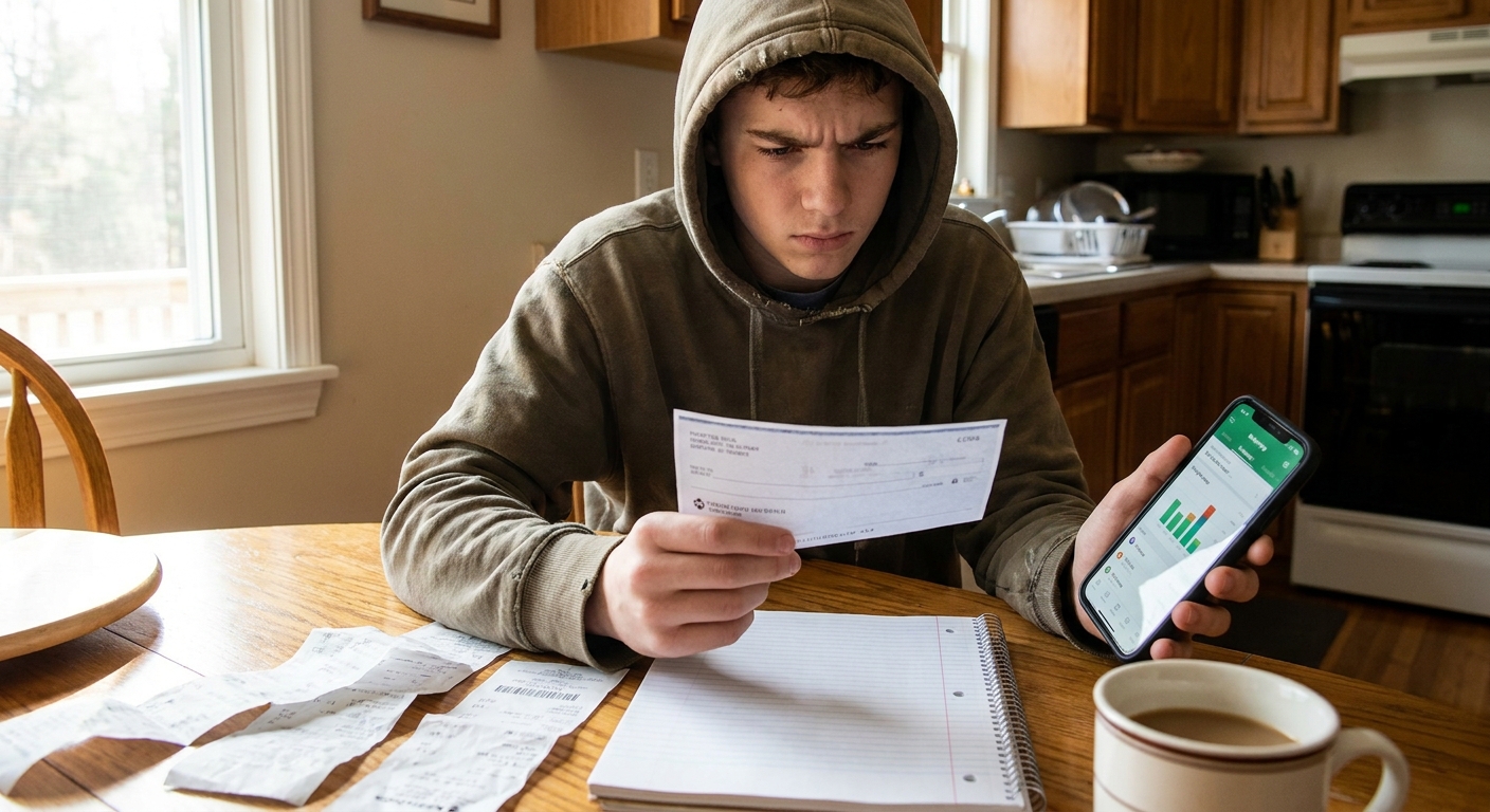 A teenager sitting at a kitchen table holding a paper paycheck and a phone, reviewing earnings and budgeting, real-life photo