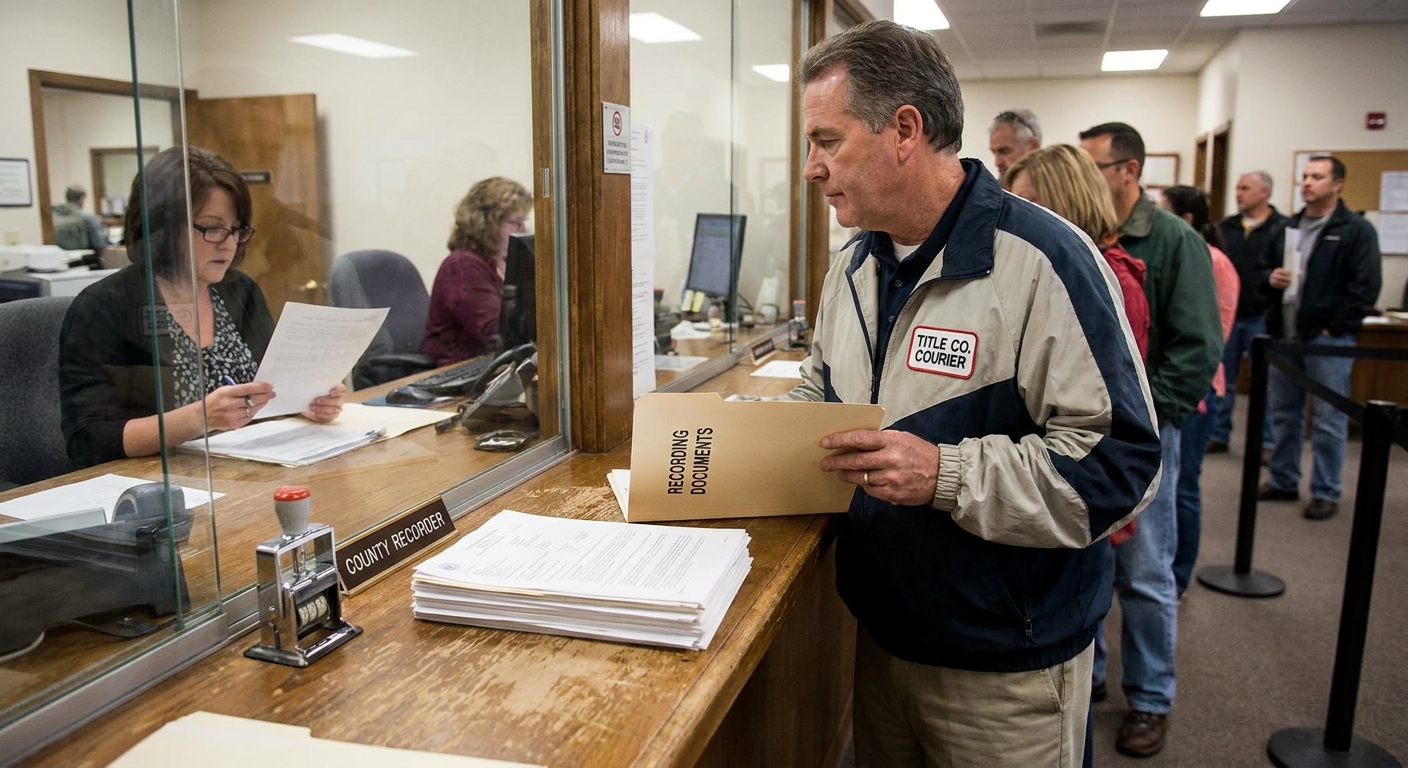 A title company courier standing at a county recorder office counter holding a document folder, real estate paperwork setting