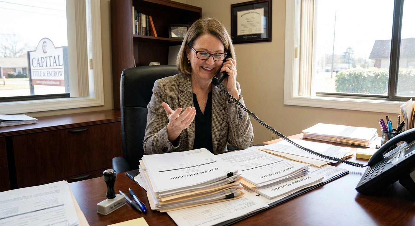 A title or escrow professional seated at a desk in an office, answering a phone call with closing documents visible on the desk