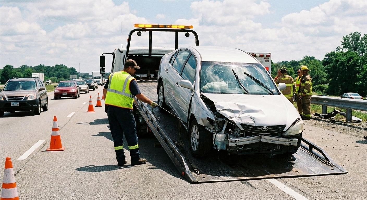 A tow truck operator loading a damaged car onto a flatbed after a roadside accident in daylight, realistic photojournalism style