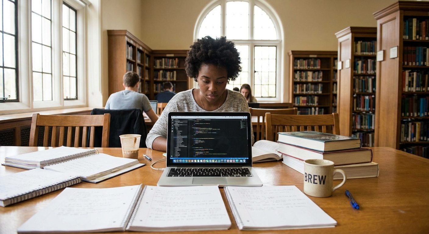 A university student studying at a library table with a laptop, notebooks, and a cup of coffee, realistic photo
